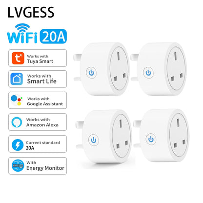 20A Tuya Smart Socket WLAN UK Stecker 3-Pin Adapter Zuhause Alexa Sprachsteuerung mit Energiemonitoring Timer Funktion Steckdose Set